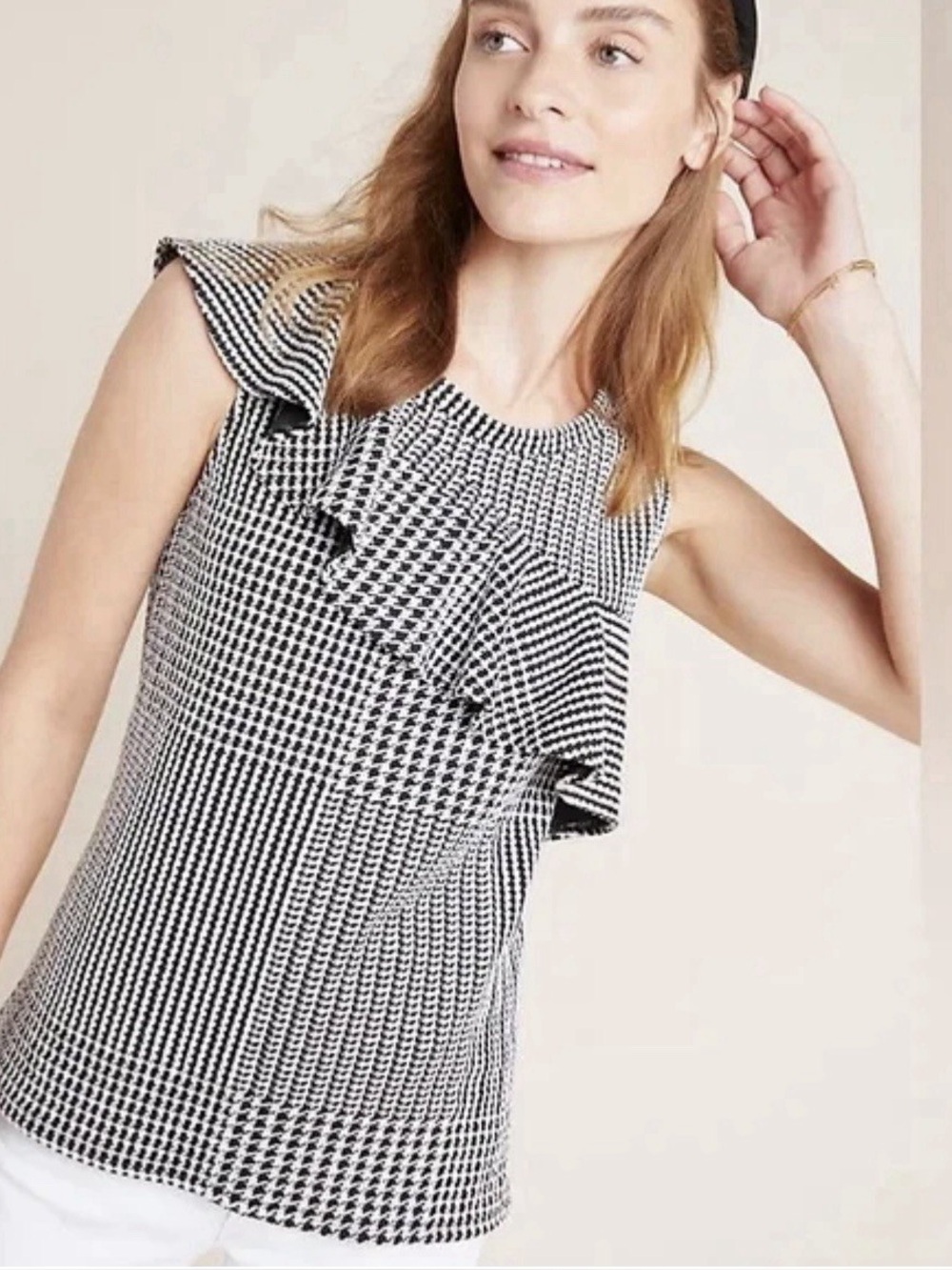 Anthropologie Dolan Callan Houndstooth Ruffle Top Black White Size S